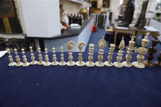 An 18th century Anglo Indian brown stained and natural ivory part chess set, king 5in.